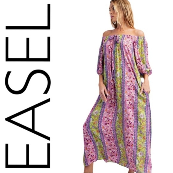 easel Dresses & Skirts - Easel Off-Shoulder Maxi Dress in Pink and Green Floral Stripe, NWT